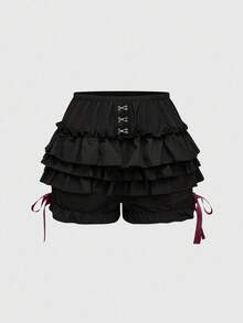 ROMWE Goth 夏季加大码女式哥特可爱三层荷叶边蝴蝶结装饰南瓜短裤 - 黑色 - 查看 3