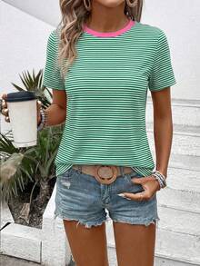 EMERY ROSE New Arrival Women's Fashion Casual Green Striped Print Contrast Pink Collar Round Neck T-Shirt - Multicolor - View 3