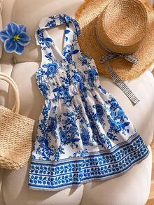 SHEIN Girls Summer New Fashionable Polo Collar Halter Backless Waist Cinched Sweet Vacation Style Dress, Young Girl Formal Dress - Blue - View 2