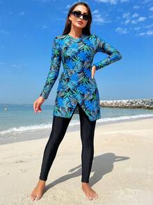 Swim Mulvari 女士热带印花不对称下摆长袖布基尼上衣和下装套装，海滩度假，春夏 - 藍色 - 查看 3