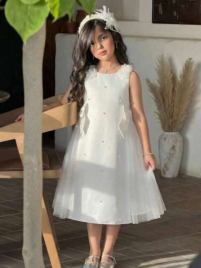 SHEIN Young Girl Solid Color 3D Floral Patchwork Round Neck Sleeveless Casual Chiffon Dress