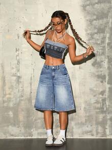 SHEIN ICON Quần short denim ống rộng giặt thường ngày cho nữ - Màu xanh lam - Xem 5