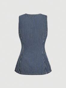 Sweetra Women's Fashion Casual Versatile Striped Denim Vest - Dark Wash - View 2