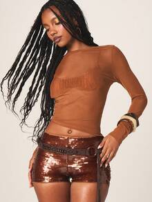 MISSGUIDED Long Sleeve Ribbed Bust Detail Crop Top With Fringe Decorative Elements And Body Hugging Fit For Layering - Brown - View 1