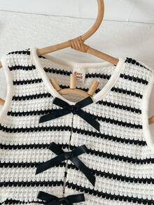 Cozy Pixies Young Girl Striped Pattern Bow Decor Round Neck Sleeveless Waist Cinched Dress Toddler Dress Kids Aline Dress Toddler Girl Cream And Black Dress Kids Casual Sleeveless Dresses Girl Striped Dress - Black - View 7