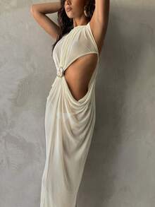 Aloruh 女士春夏新款杏色罩衫连衣裙，长款垂褶设计，金属装饰纽扣，优雅性感薄纱沙滩裙 - 杏色 - 查看 6