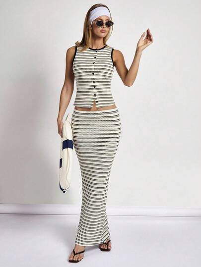 COSMINA Women's Casual Vacation & Commute Contrast Stripe Print Single-Breasted Fitted Cropped Vest And Skirt 2-Piece Set, Spring/Summer