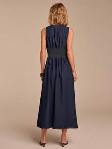 COSMINA Women's V-Neck Denim Dress, Casual Elegant Minimalist Denim Dress With Ruffle Hem - Navy Blue - View 2