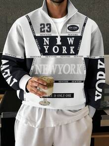 Aesthetic Post 美式街头风，复古拼接图案，纽约字母，半拉链男士休闲套头衫 - 彩色 - 查看 1