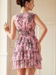 BELROSIE French Retro Elegant V-Neck Sleeveless Ruched Waist Multilayer Ruffled Contrast Color Floral Print Chiffon Mini Dress For Women - Dusty Pink - View 2