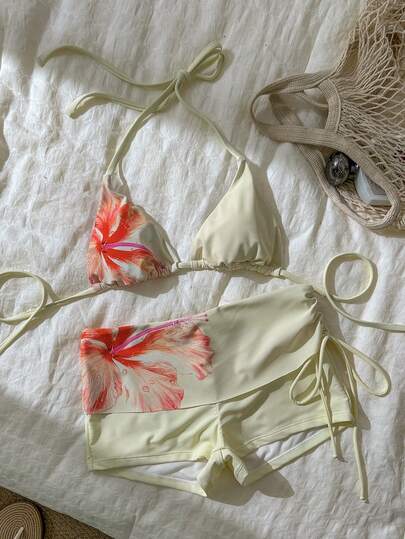 Bonvoyette Women's Swimwear Bikini Cute Floral Hisbicus Summer Print, Yellow Vacation Bikinis Boyshort Swim Pants, Bra Built-In Crop Top Vest Camisole Swimwear For Vacation , Beach Outfits, Garden Wedding Guest Dress, Elegant Set For Woman Party Vacation Outfit City To Beach Bohemia SS26 Spring And Summer Beachwear