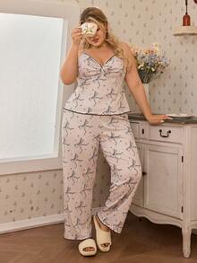 CottageSlumber Plus Size Bow Print Twist Knot Camisole & Lounge Pants Pajama Set - Light Grey - View 3