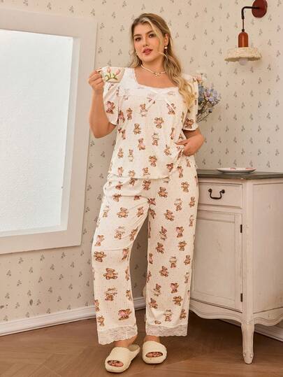 SHEIN Plus Size Women Romantic Bear Print Short Sleeve Pajama Set
