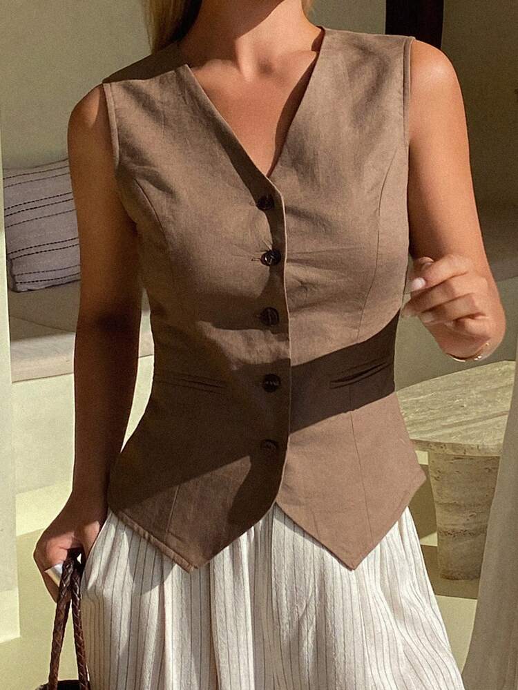 Women's Solid Color Fitted V-Neck Sleeveless Vest Jacket, Elegant Vintage Spring/Summer Top