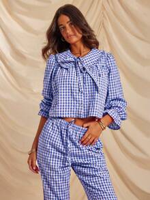 Aralina Sleepwear 2pcs Plain Print Red Gingham Collared Tie Front Long Sleeve Button Down Shirt And Wide Leg Pant Sleep Set With Ruffle Detail , Cute Christmas Pajama Set - Royal Blue - View 7