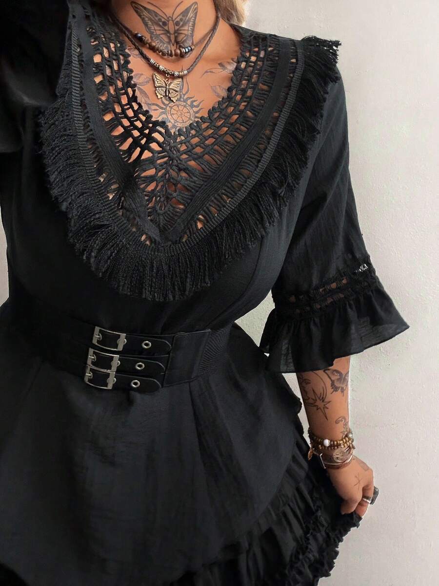 Flirla Camicia elegante casual da donna taglie forti, di colore unito, con inserti in pizzo floreale traforato, vita segnata - nero - Visualizzare 1