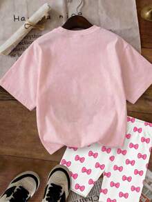 SHEIN Conjunto de camiseta de manga corta de cuello redondo y leggings casuales para niña, ropa casual de primavera/verano - Multicolor - Ver 3