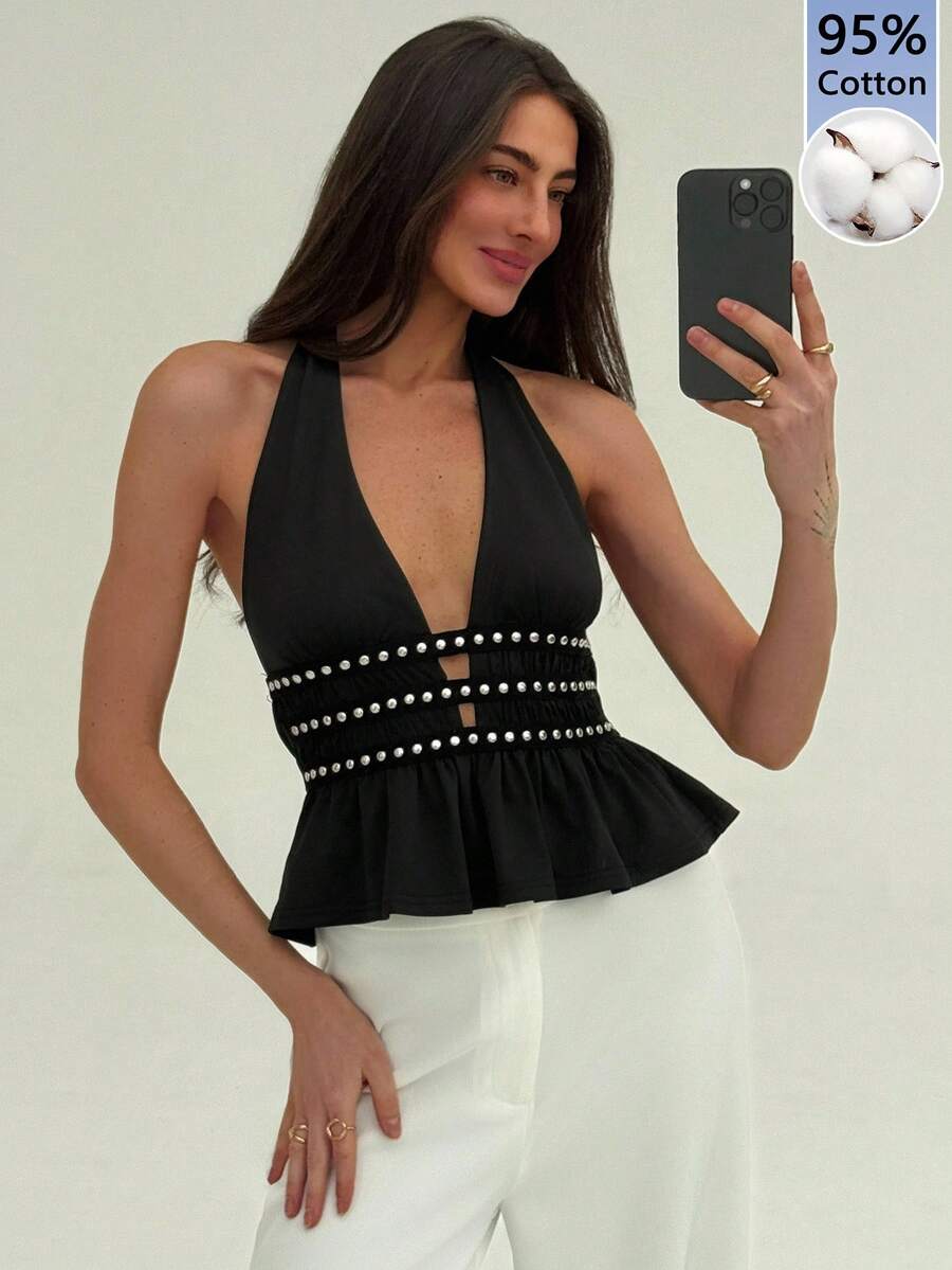 Aloruh Comfortable Cotton Halter Rivet Patchwork Elegant Blouse, Suitable For Vacation, Outing, Birthday, Wedding, Beach, Chic - Black - View 1