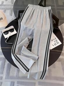 Resyla 条纹编织腰带休闲宽松直筒裤，送朋友的礼物 - 灰色 - 查看 2