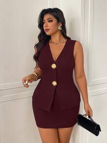 Femmeverse Plus Size Gold Button Chocolate Brown Custom Camisole And Mini Skirt Set - Burgundy - View 8
