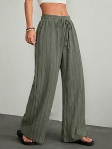 SHEIN PETITE Quần nữ dáng rộng, màu trơn, có dây rút ở eo, kiểu dáng thường ngày. - xanh quân đội - Xem 6