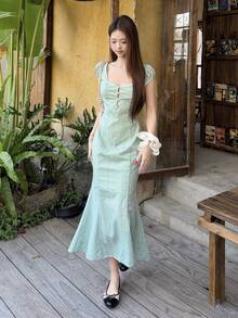DAZY Women's Lace Solid Color Long Dress, Summer Sun Dresses For Women - Green - View 1
