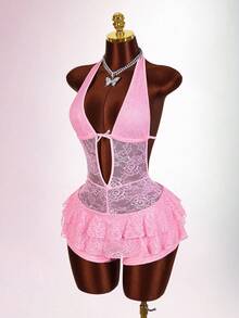 Amplova 女士纯色蕾丝拼接蝴蝶结装饰露背性感连体裤 - 粉色 - 查看 3