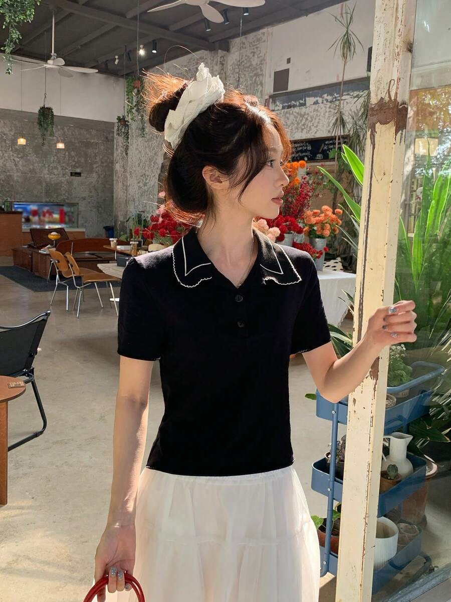 DAZY 女士休闲翻领短袖T恤，春夏款 - 黑色 - 查看 1