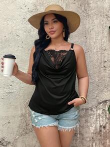 SHEIN LUNE CURVE Áo hai dây dáng rộng dành cho nữ, thanh lịch, cài kim loại, phối ren, cổ xếp ly, kiểu dáng tối giản gợi cảm, không tay, thích hợp cho mùa xuân và hè. - màu đen - Xem 3