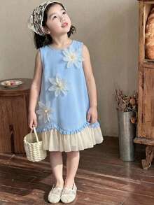 SHEIN Elladie kids Young Girl 3D Pearl Flower Mesh Asymmetrical Hem Elegant Dress, Spring/Summer - Blue - View 9