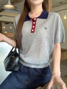 DAZY Women's Collared Contrast Color Korean Style Short Sleeve Knit Top Summer - Grey - View 1