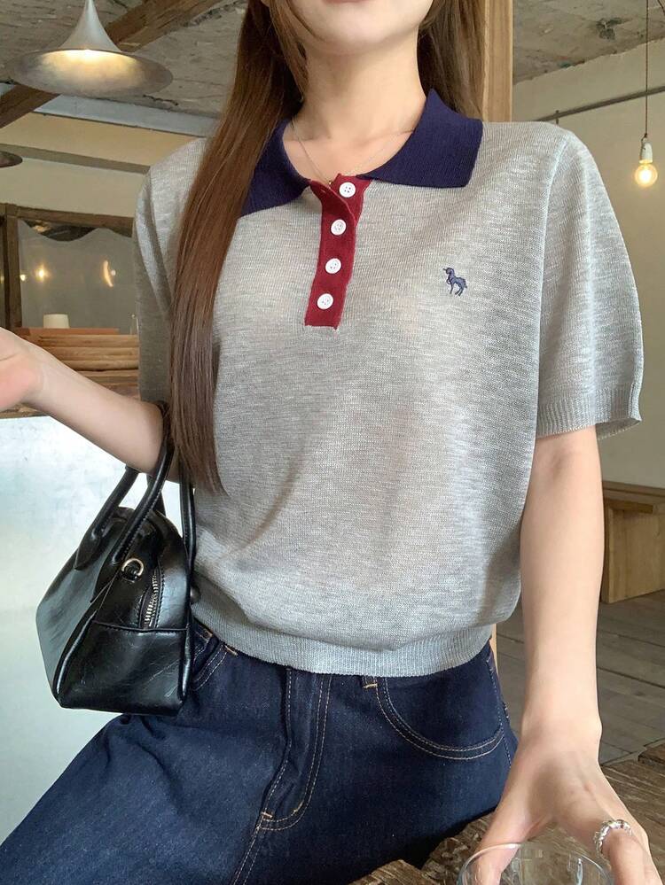 Women's Collared Contrast Color Korean Style Short Sleeve Knit Top