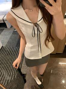 DAZY 女士翻领水手领蝴蝶结无袖衬衫 - 白色 - 查看 6