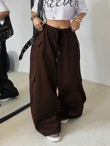 POPSWAY Plus Size Women's Solid Color Drawstring Waist Wide Leg Fleece Sweatpants - Coffee Brown - View 1