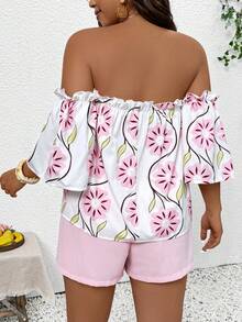 SHEIN Frenchy 大码女式印花露肩上衣和短裤休闲两件套 - 藕粉色 - 查看 2