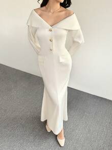 Modelyn 法式白色月光翻领前扣长袖长款西装外套 - 米色 - 查看 3