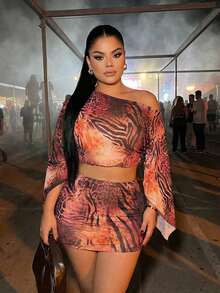 SHEIN SXY 女士豹纹斑马纹不对称领上衣和迷你裙两件套 - 彩色 - 查看 3
