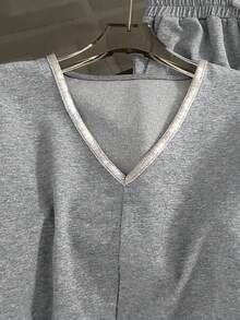 Resyla Regular Fit V-Neck Short Sleeve Top + Straight Leg Pants With Side Pockets - Light Grey - View 4