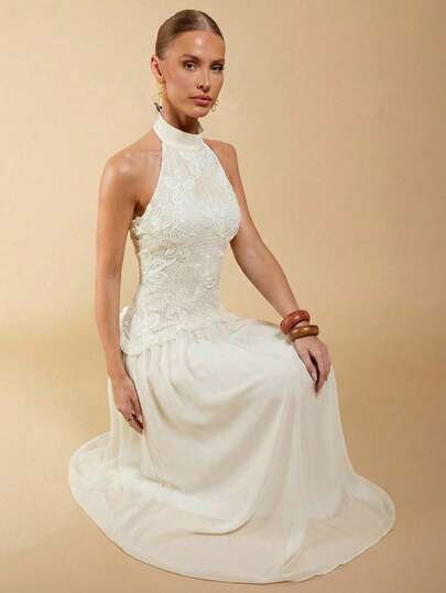 COSMINA Vestido de mujer de gasa con parches de encaje bordado blanco sin mangas, elegante para boda, casual, vacaciones, fiesta, estilo vintage minimalista