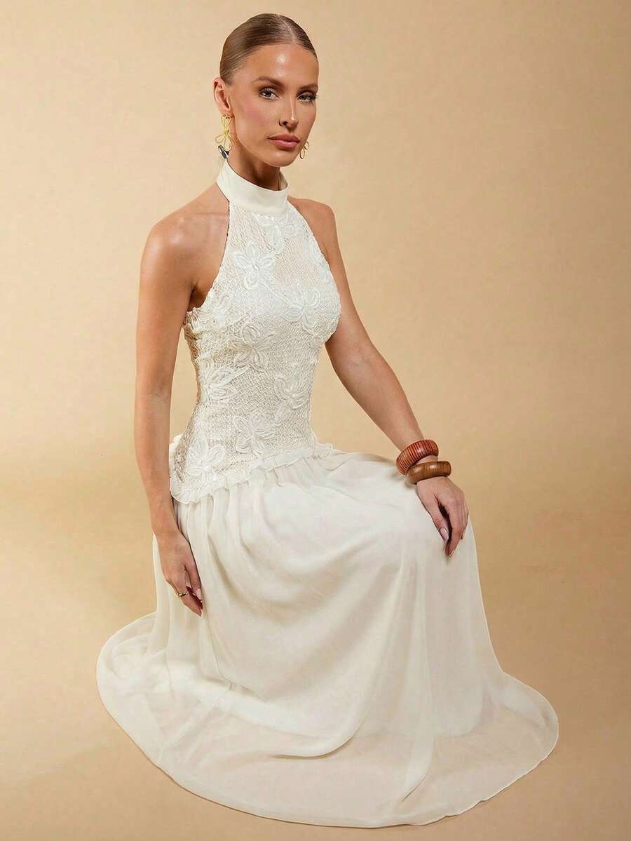 COSMINA 女士白色刺绣蕾丝无袖雪纺拼接连衣裙，优雅百搭，适合婚礼、休闲、度假、派对等场合，简约复古风格 - 白色 - 查看 1