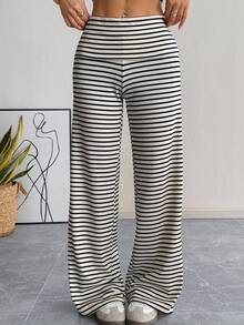 SHEIN EZwear 女士休闲日常条纹裤 - 杏色 - 查看 7