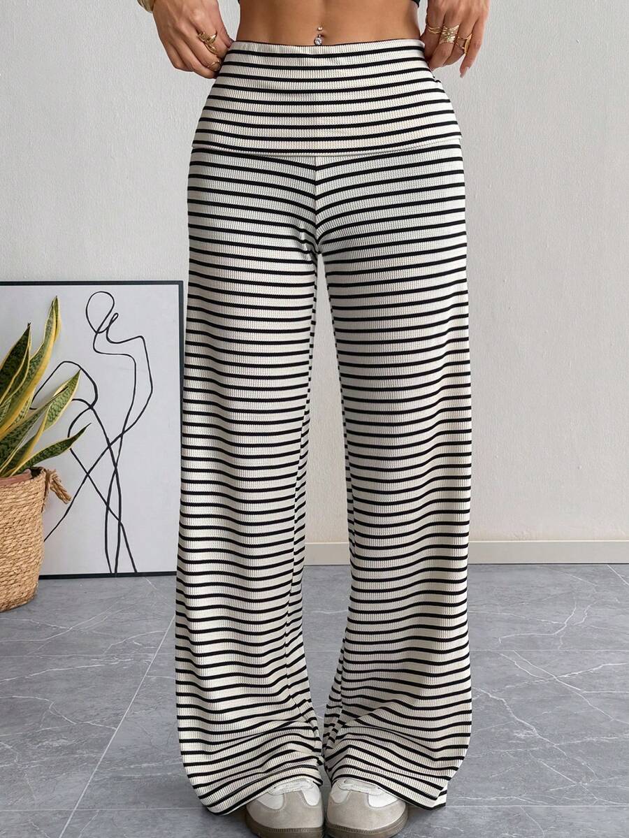 SHEIN EZwear 女士休闲日常条纹裤 - 杏色 - 查看 1