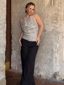 Jeta Ari 女士露背亮片垂褶领派对上衣，新年圣诞节闪亮上衣 - 杏色 - 查看 4