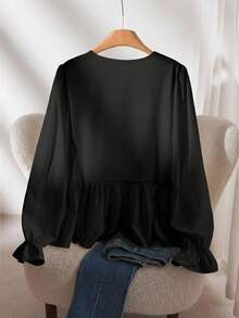 CosyJoli Plus Size V-Neck Embroidered Waist A-Line Blouse - Black - View 2