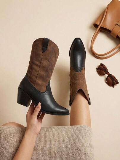 Botas vaqueras bordadas para mujer, de media caña y puntales, estilo vaquera, a la moda.