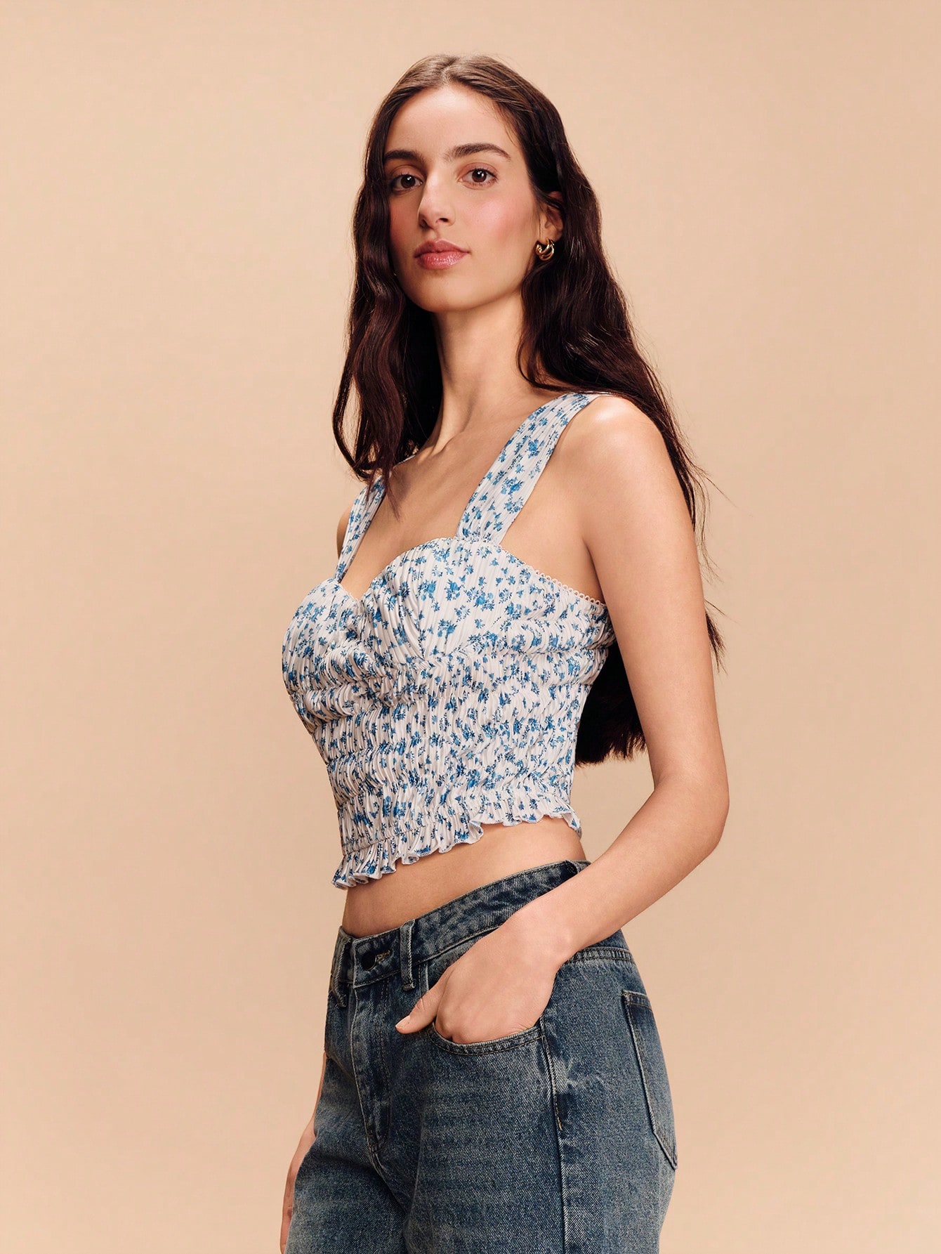 Blue Floral Vintage Print Shirred Square Neck Strap Top Cute Spring Summer French Style Parisian Style
