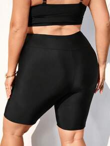 SHEIN CURVE+ Plus Size Women Black Solid Color Beach Swimwear Bottom Shorts - Black - View 2