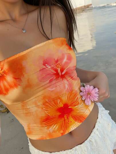  Aloruh Women's Casual Orange Hawaiian Floral Print Bandeau Top, Suitable For Summer, Beach, Music Festivals, Can Be Used As Beach Cover-Up, Casual Bikini, Comfortable Swimwear Or Decorative Beach, Spring Top