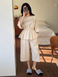 DAZY Women's Simple Linen Waist Cinched Loungewear Set - Beige - View 6