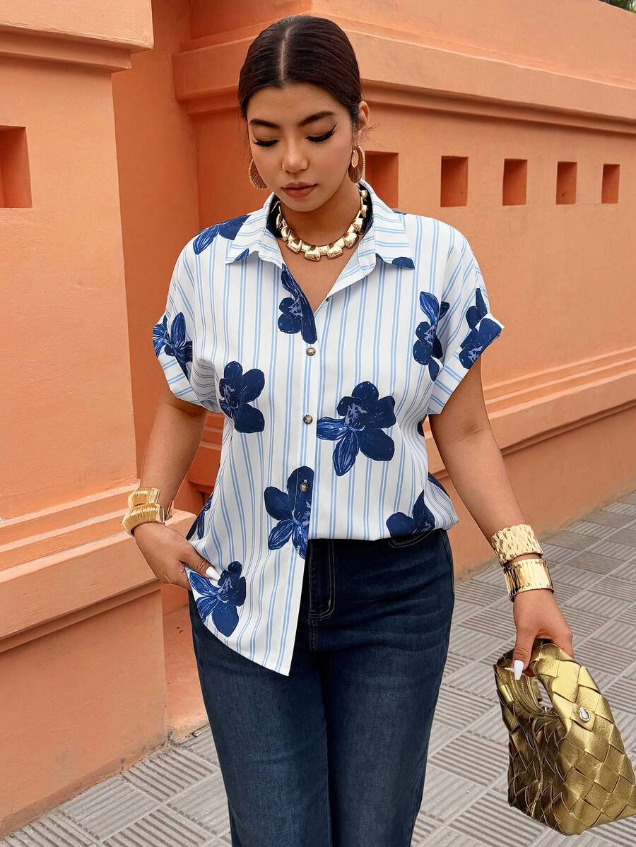 Weeklong Plus Size Front Button Heart Casual Loose Batwing Sleeve Blouse,Valentine - Multicolor - View 1